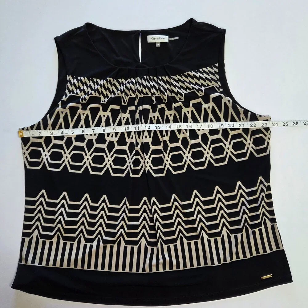Calvin Klein Sleeveless Geometric Pleated Neckline Print Blouse, Black/Tan, 2X